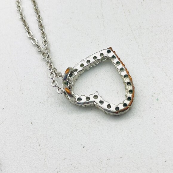 Silver Tone Heart Pendant Necklace Clear Rhinestones Open Heart Romantic - Picture 7 of 8